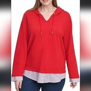 Tommy Hilfiger Red V Neck Hooded Sweatshirt Woven Striped Hems